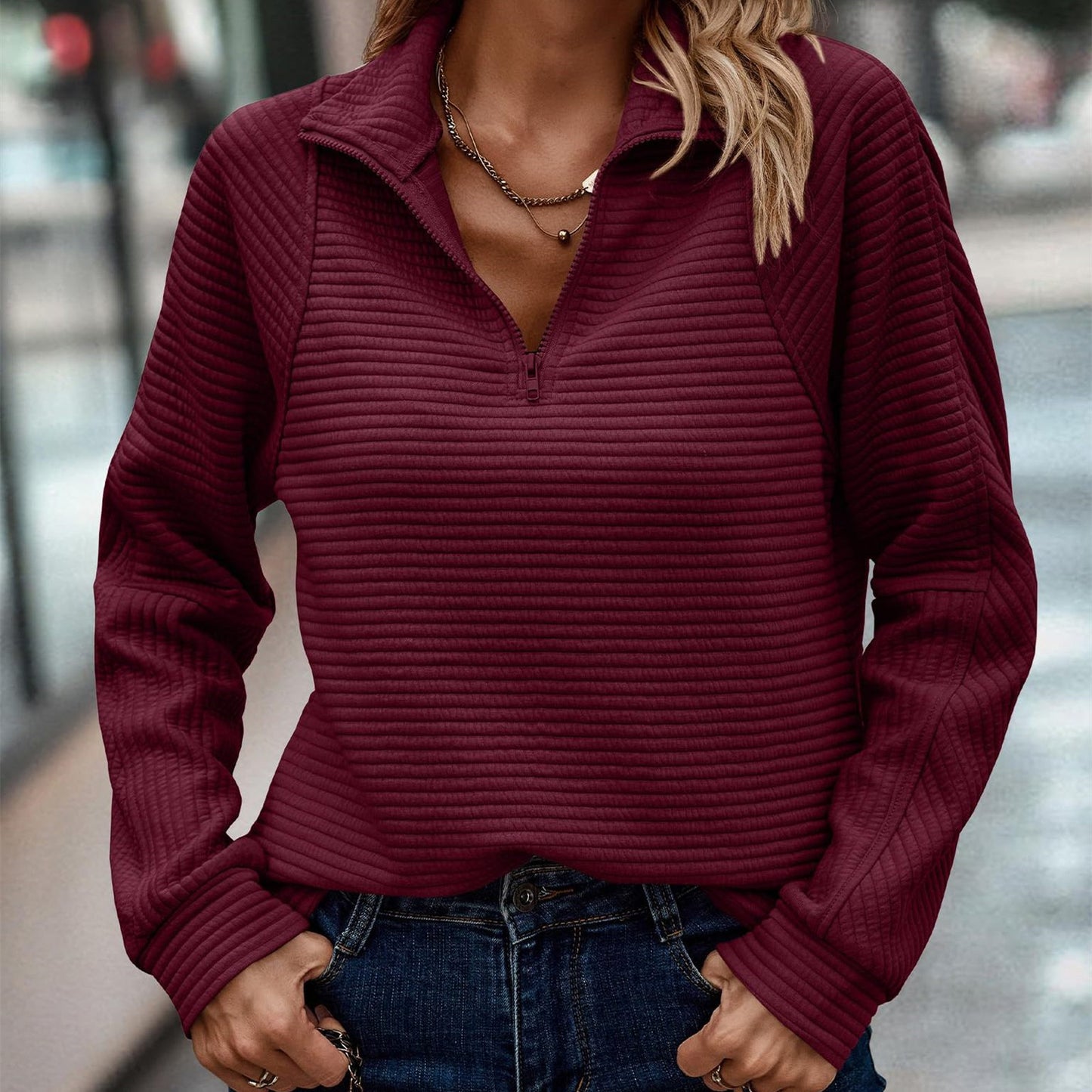 Zipper Stand Collar Pullover Sweatshirt Fashion Solid Striped Long Sleeve Top Spring And Autumn Women's Clothing