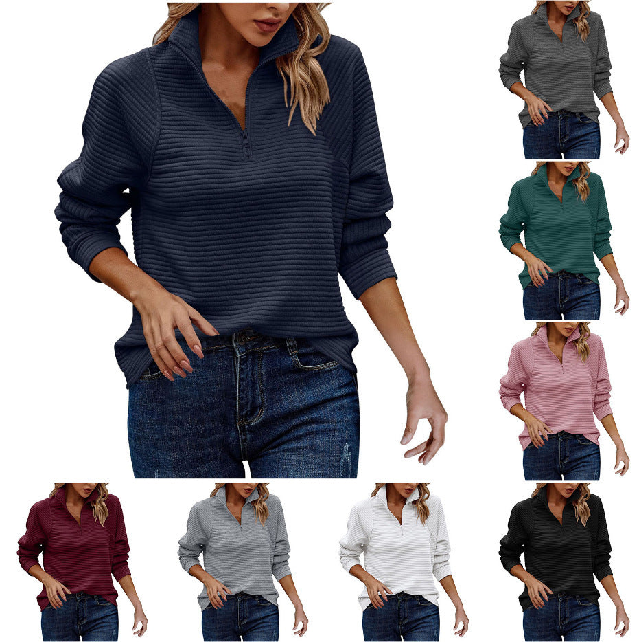 Zipper Stand Collar Pullover Sweatshirt Fashion Solid Striped Long Sleeve Top Spring And Autumn Women's Clothing