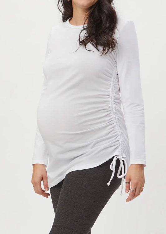 Asymmetrical Maternity Tie Top - White Long Sleeve